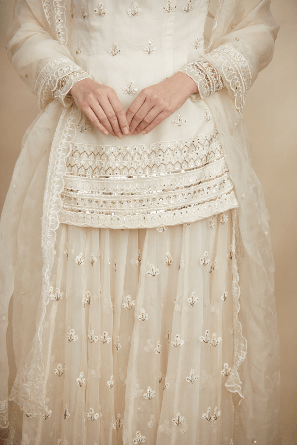 White Organza Threadwork Kurti And Sharara - The Grand Trunk