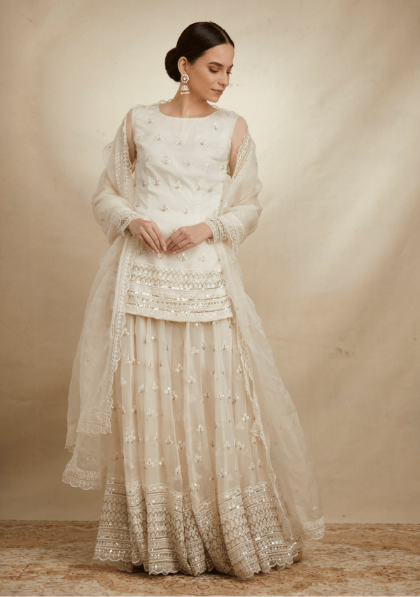 White Organza Threadwork Kurti And Sharara - The Grand Trunk