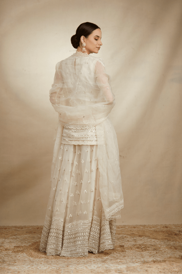 White Organza Threadwork Kurti And Sharara - The Grand Trunk