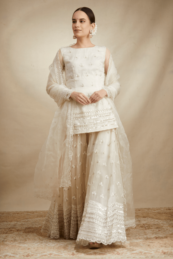 White Organza Threadwork Kurti And Sharara - The Grand Trunk