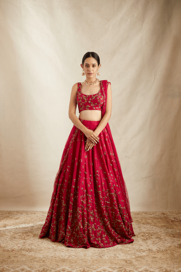 Caramine Pink Rawsilk Lehenga Set - The Grand Trunk