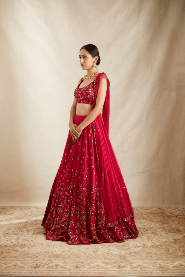 Caramine Pink Rawsilk Lehenga Set - The Grand Trunk