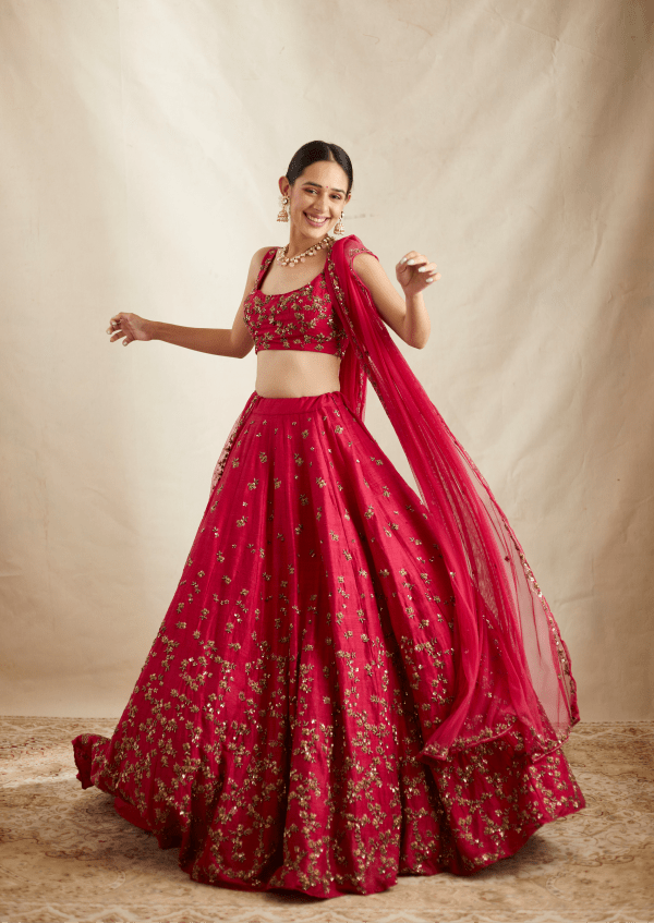 Caramine Pink Rawsilk Lehenga Set - The Grand Trunk