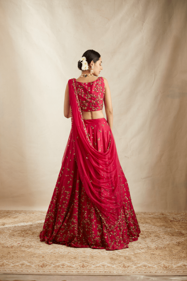 Caramine Pink Rawsilk Lehenga Set - The Grand Trunk