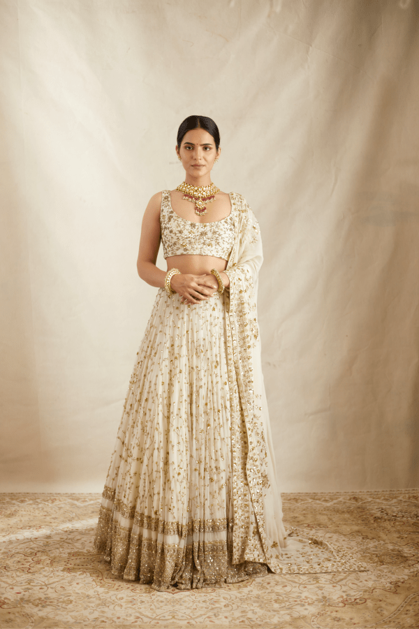 White With Gold Jaal Work Lehenga Set - The Grand Trunk