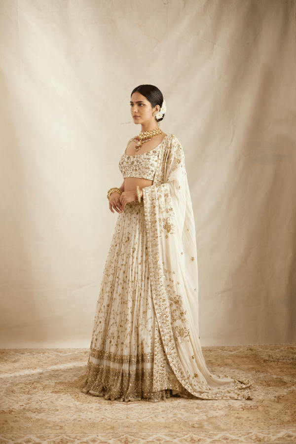White With Gold Jaal Work Lehenga Set - The Grand Trunk