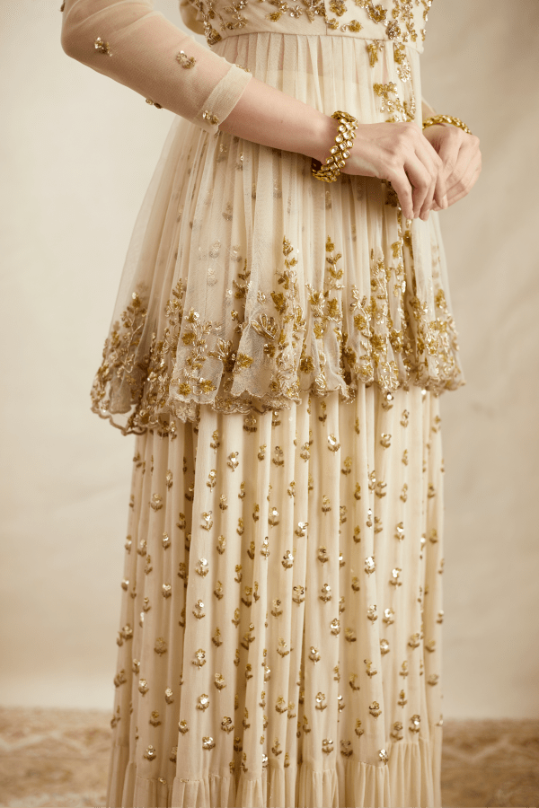 Off White With Gold Work Peplum And Sharara Set - The Grand Trunk
