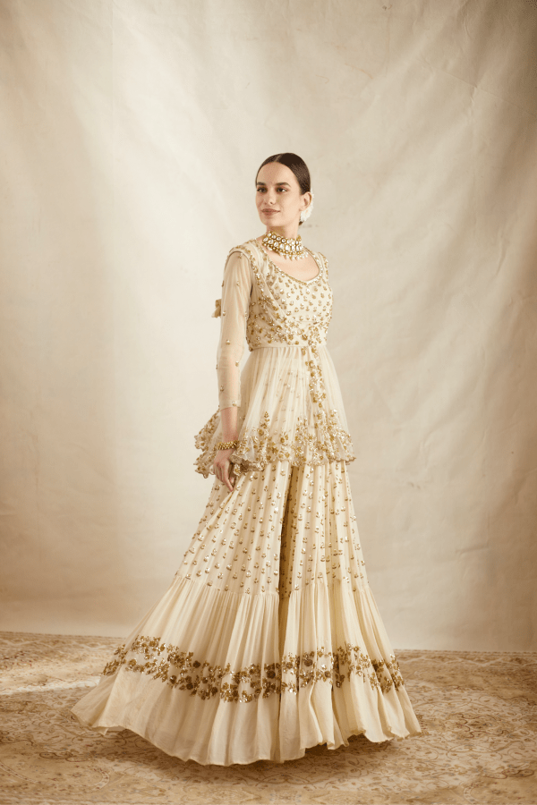 Off White With Gold Work Peplum And Sharara Set - The Grand Trunk