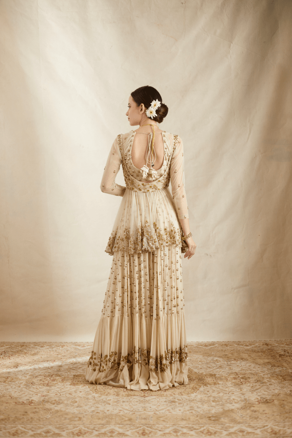 Off White With Gold Work Peplum And Sharara Set - The Grand Trunk