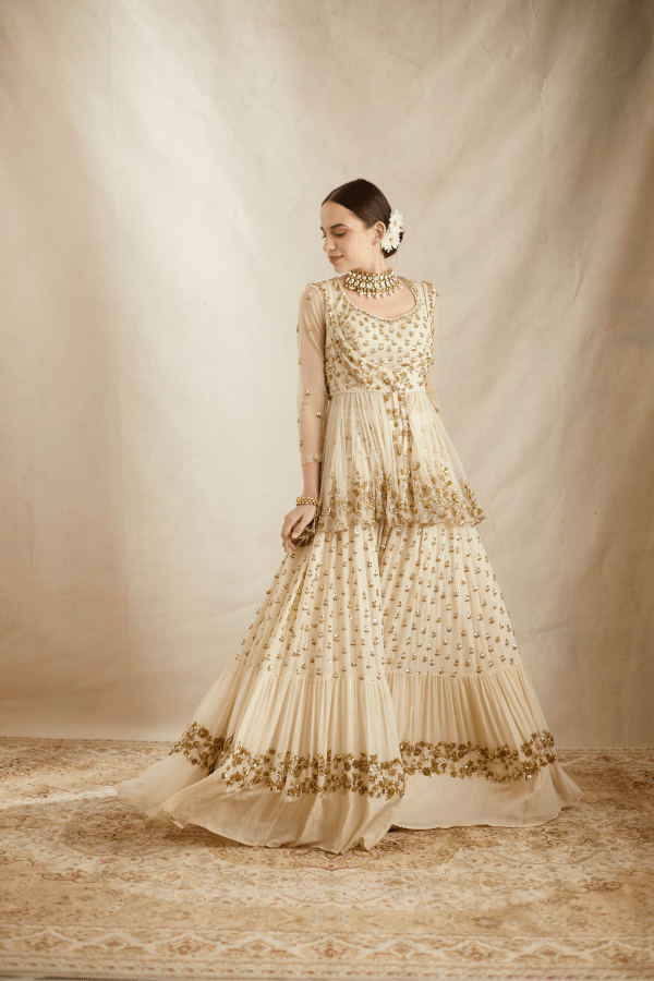 Off White With Gold Work Peplum And Sharara Set - The Grand Trunk