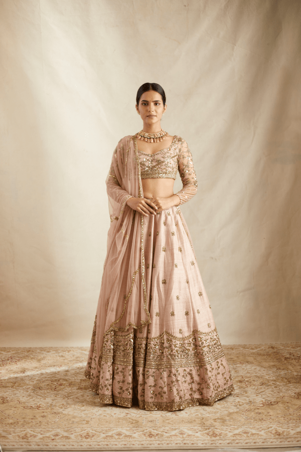 Pink Heavy Bootie Raw Silk Lehenga - The Grand Trunk