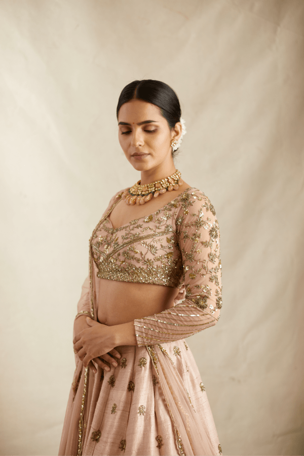 Pink Heavy Bootie Raw Silk Lehenga - The Grand Trunk