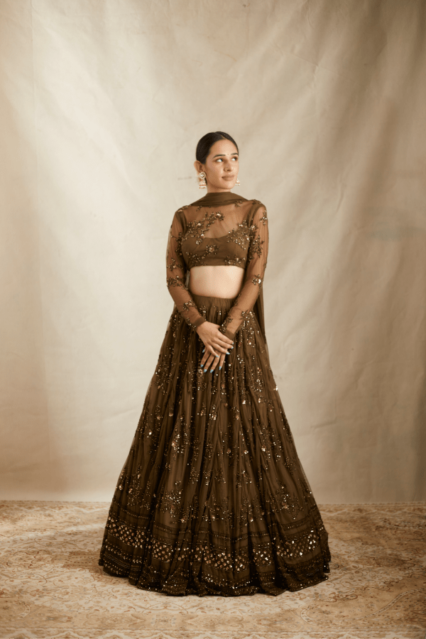 Coffee Threadwork With Hilighted Lehenga Set - The Grand Trunk
