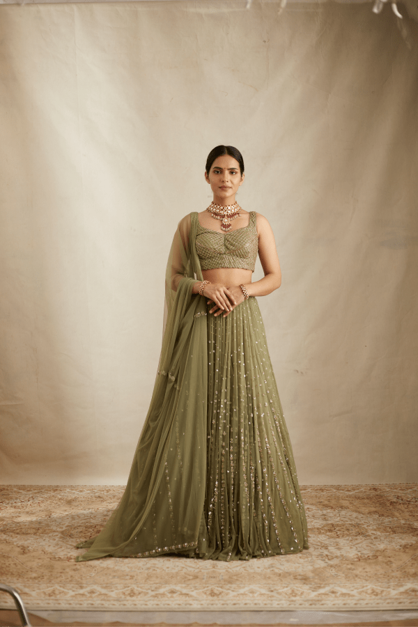 Olive Green With Anitque Work Lehenga Set - The Grand Trunk