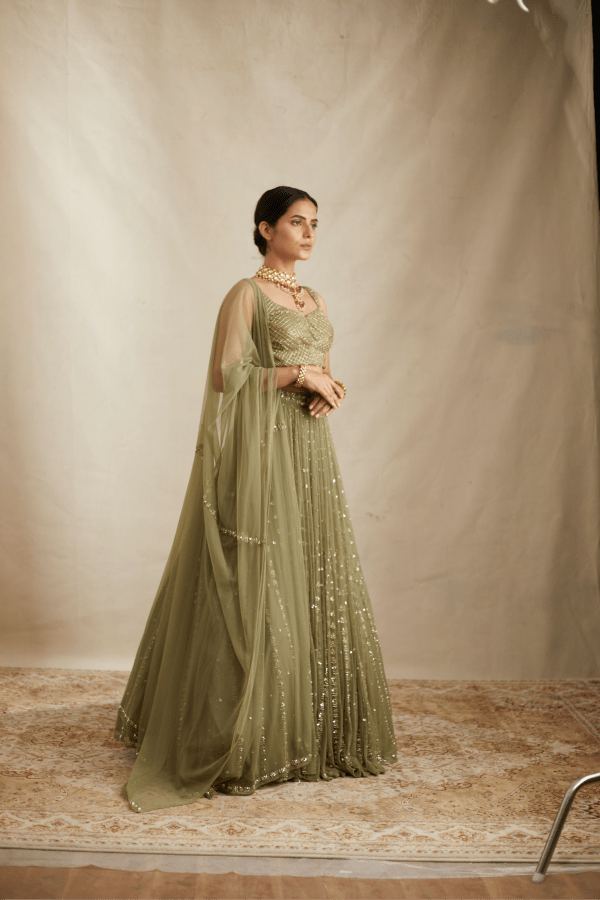 Olive Green With Anitque Work Lehenga Set - The Grand Trunk