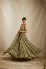 Load image into Gallery viewer, Olive Green With Anitque Work Lehenga Set - The Grand Trunk