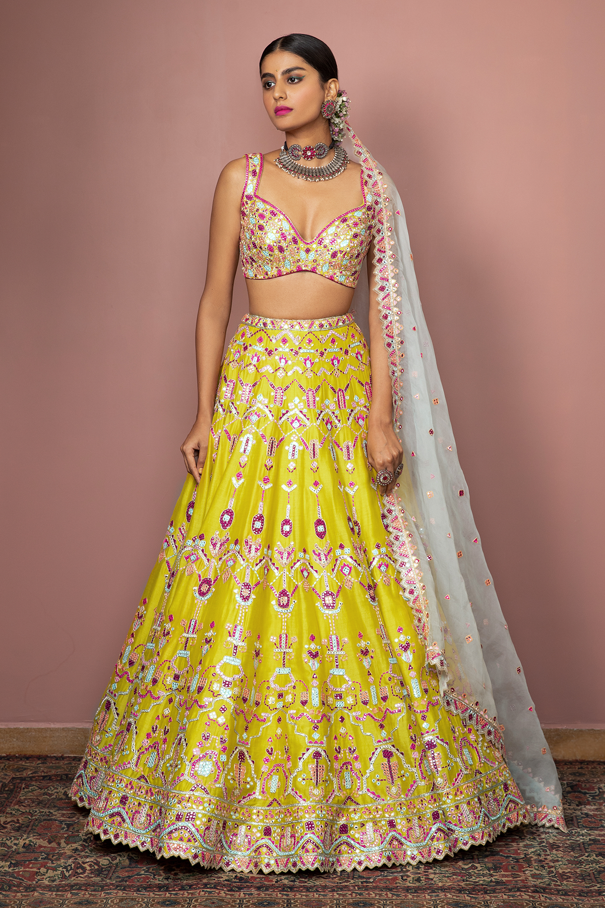 GREENISH MUSTARD LEHENGA SET - The Grand Trunk