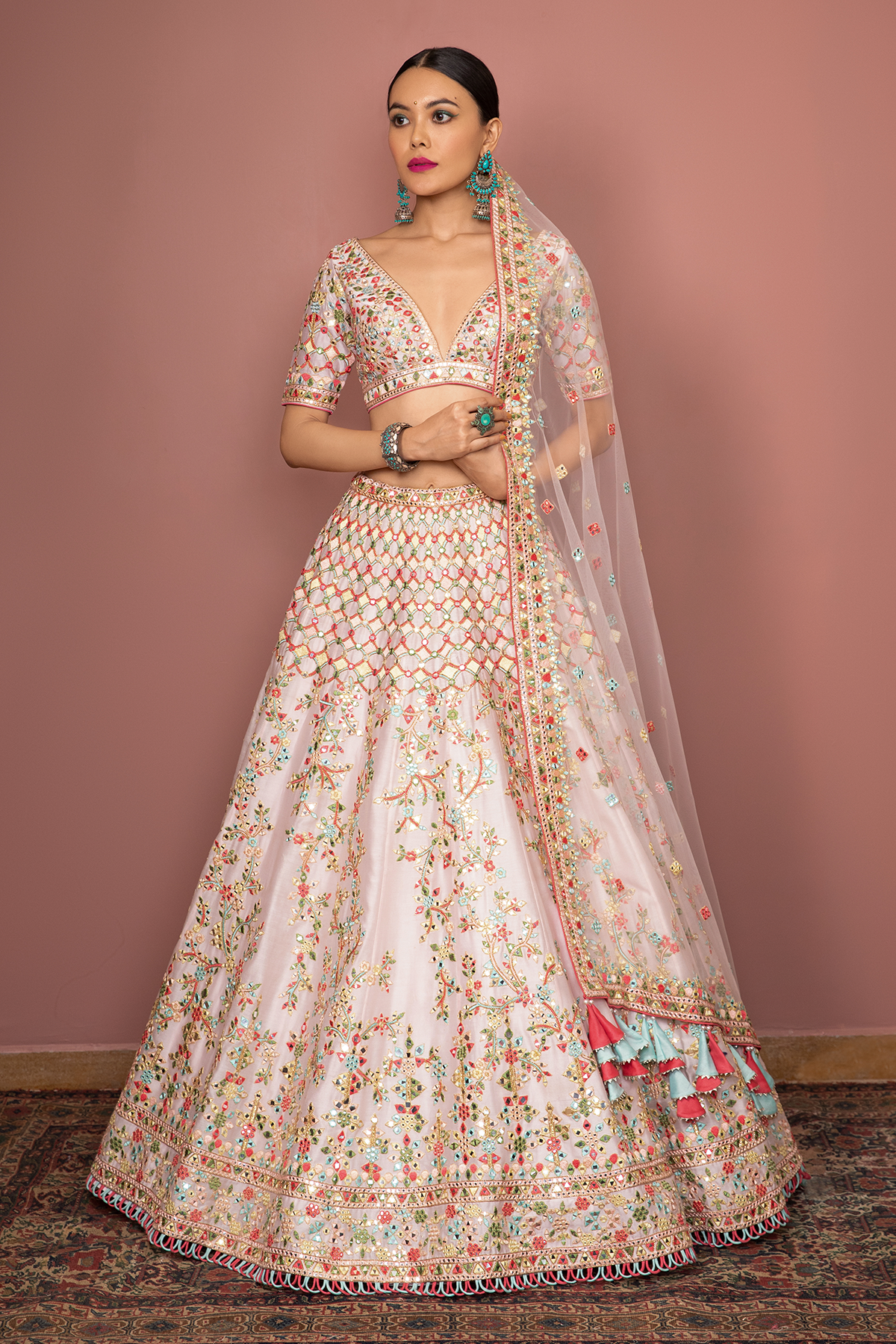 LIGHT BLUSH PINK MIRROR, RESHAM DETAILED LEHENGA SET - The Grand Trunk