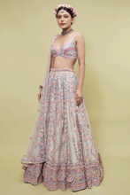 Load image into Gallery viewer, GREEN NET LEHENGA WITH RESHAM AND MIRRORS - The Grand Trunk