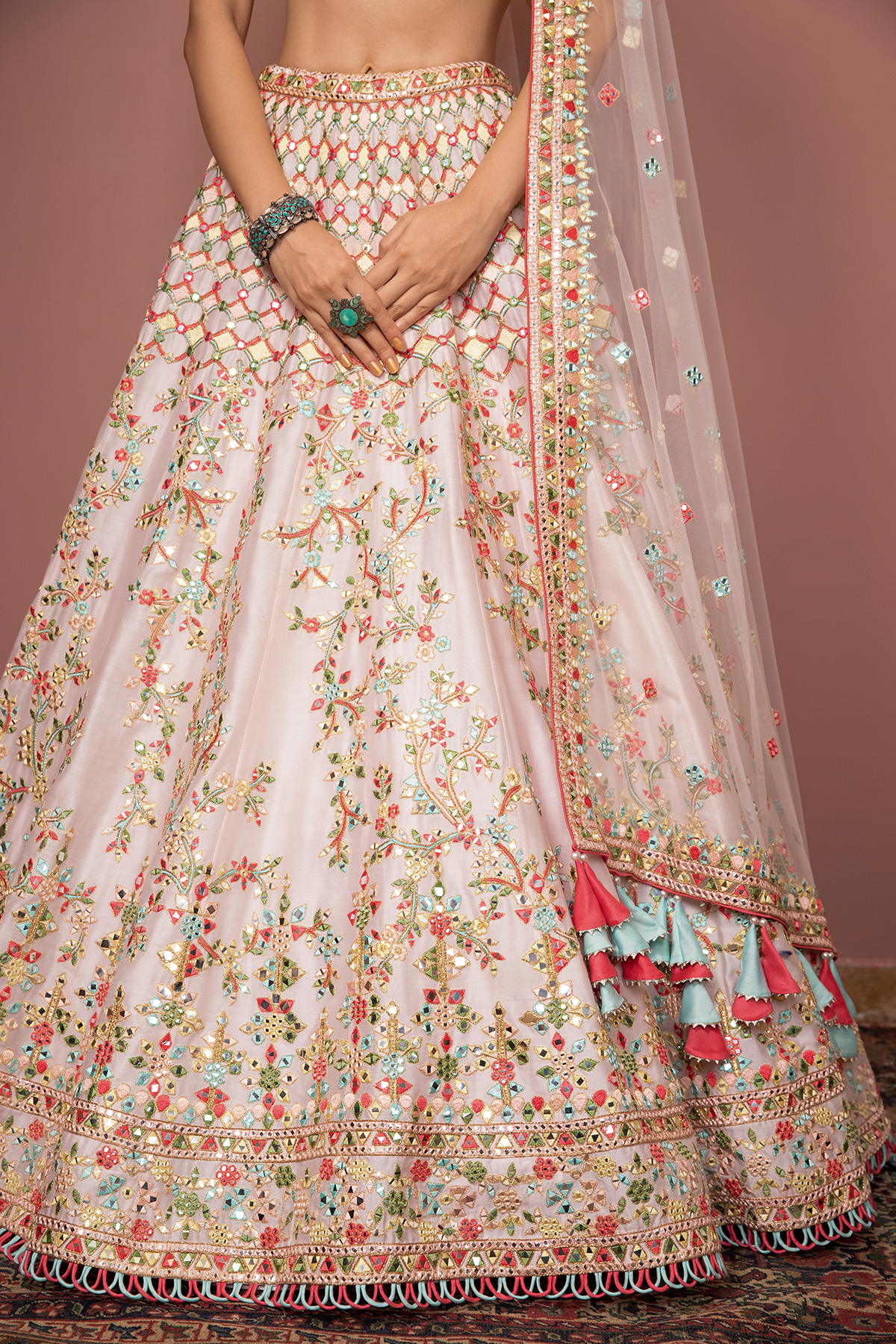 LIGHT BLUSH PINK MIRROR, RESHAM DETAILED LEHENGA SET - The Grand Trunk