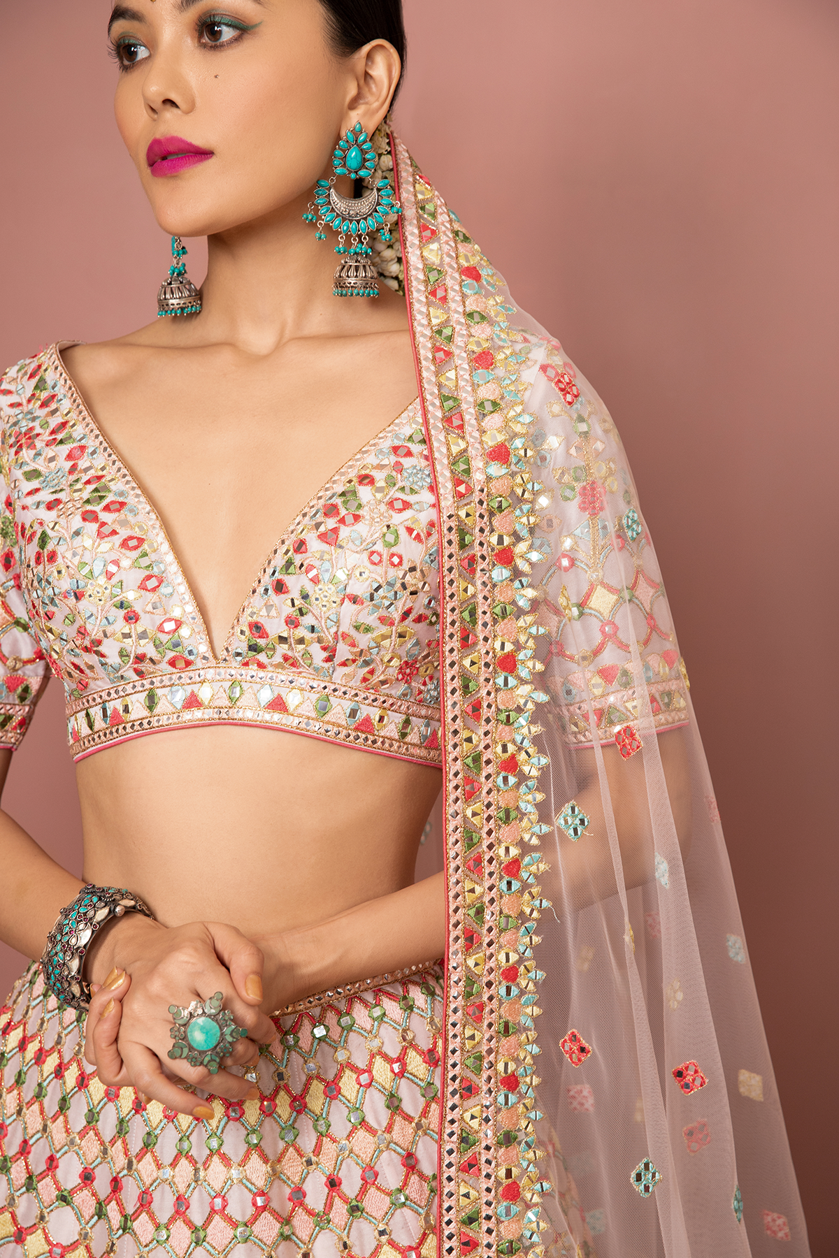 LIGHT BLUSH PINK MIRROR, RESHAM DETAILED LEHENGA SET - The Grand Trunk