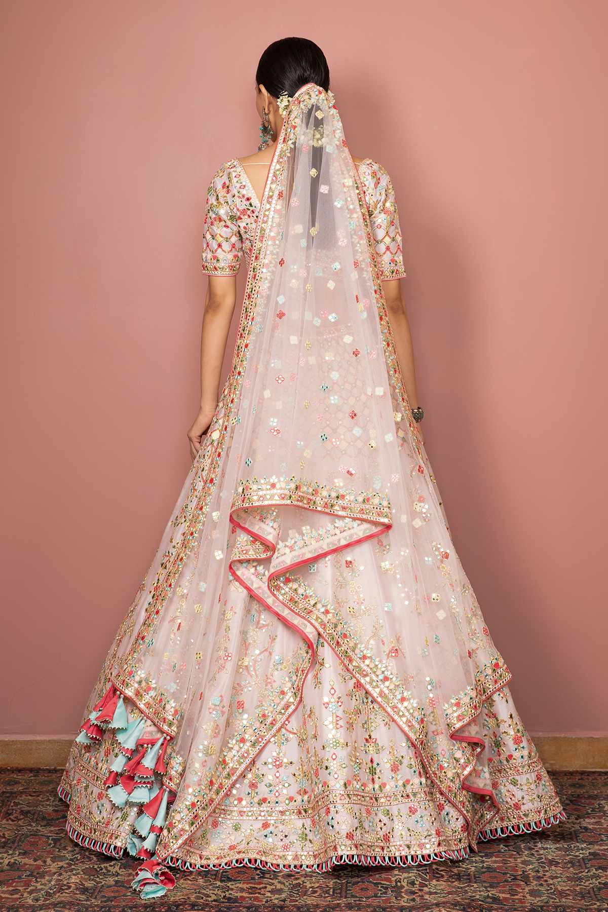 LIGHT BLUSH PINK MIRROR, RESHAM DETAILED LEHENGA SET - The Grand Trunk