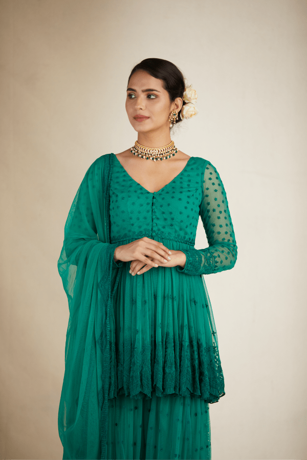 Teal Green Threadwork Peplum And Sharara - The Grand Trunk