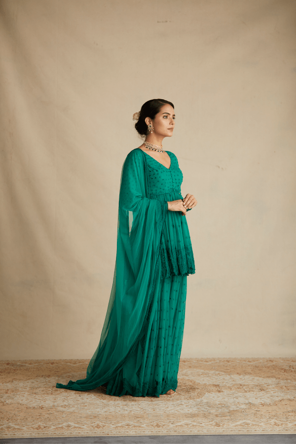 Teal Green Threadwork Peplum And Sharara - The Grand Trunk