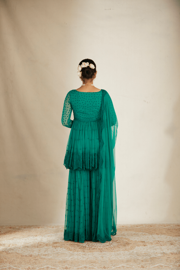 Teal Green Threadwork Peplum And Sharara - The Grand Trunk