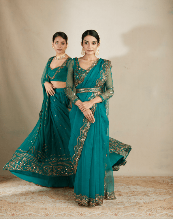 Teal Green Antique Seq Work Saree Set - The Grand Trunk