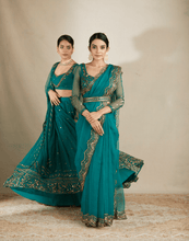 Load image into Gallery viewer, Teal Green Antique Seq Work Saree Set - The Grand Trunk