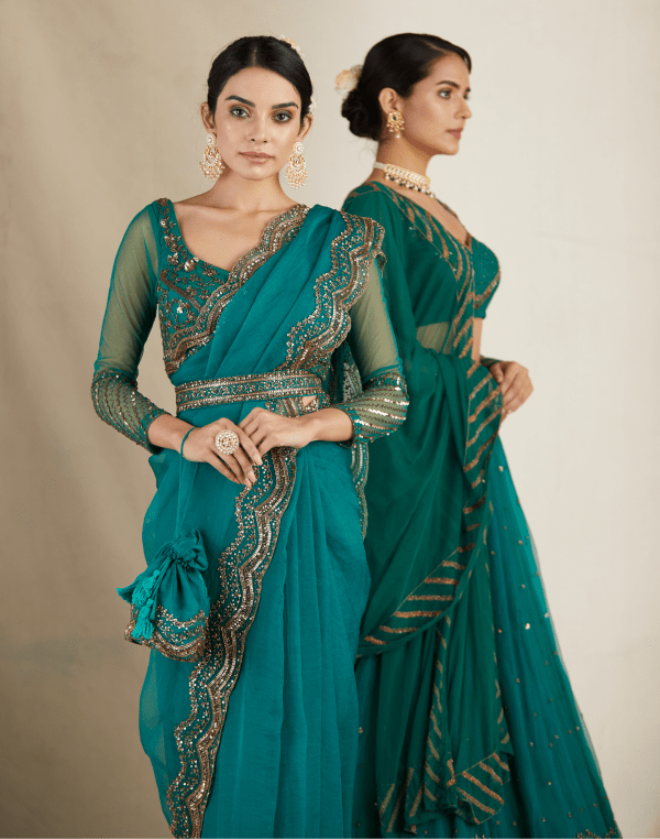 Teal Green Antique Seq Work Saree Set - The Grand Trunk