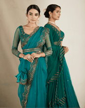 Load image into Gallery viewer, Teal Green Antique Seq Work Saree Set - The Grand Trunk