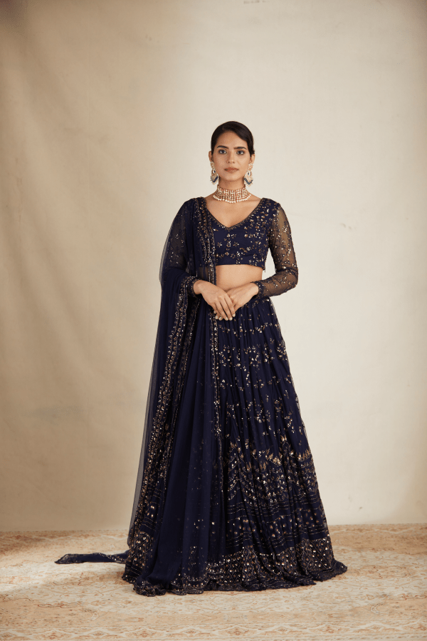 Navy Blue Heavy Double Border Lehenga Set - The Grand Trunk