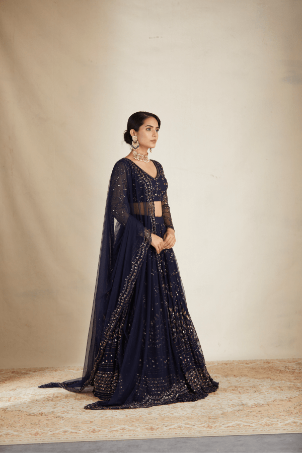 Navy Blue Heavy Double Border Lehenga Set - The Grand Trunk