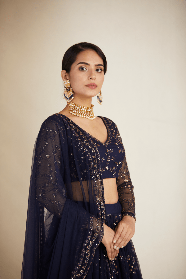 Navy Blue Heavy Double Border Lehenga Set - The Grand Trunk