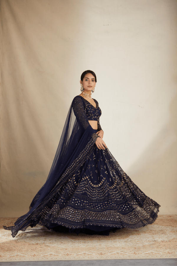 Navy Blue Heavy Double Border Lehenga Set - The Grand Trunk