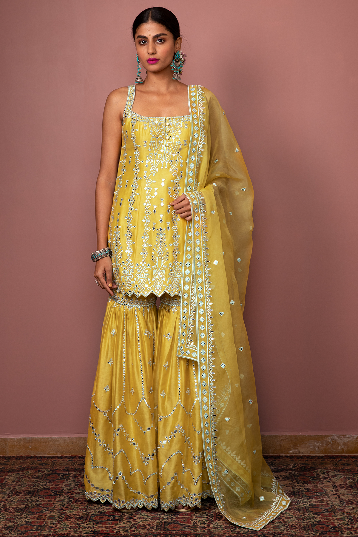 MUSTARD STRAPPY KURTA WITH GHARARA - The Grand Trunk