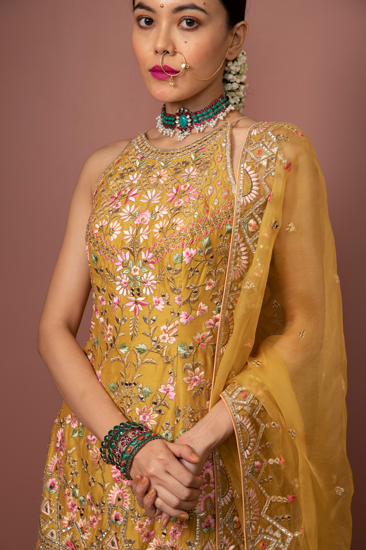 MUSTARD HALTER KURTA WITH GHARARA - The Grand Trunk