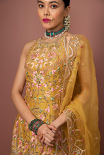 Load image into Gallery viewer, MUSTARD HALTER KURTA WITH GHARARA - The Grand Trunk