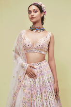Load image into Gallery viewer, PEACH NET LEHENGA WITH RESHAM AND MIRROR - The Grand Trunk