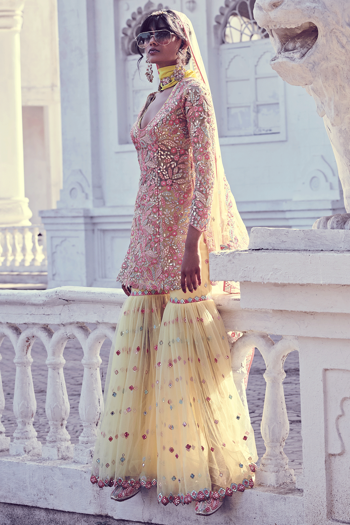 YELLOW SOFT NET GHARARA SET - The Grand Trunk