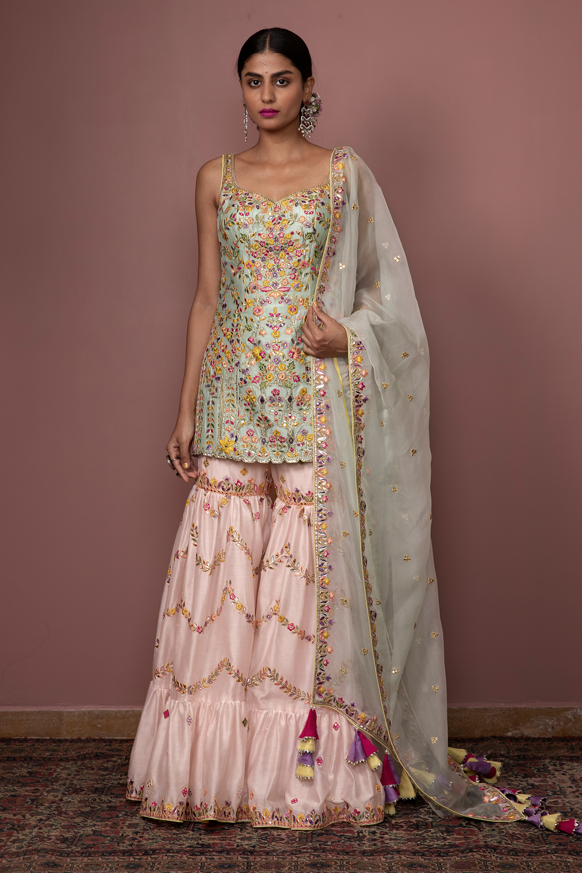 BLUSH PINK CHANDERI LEHENGA WITH FOIL, RESHAM EMBROIDERY - The Grand Trunk