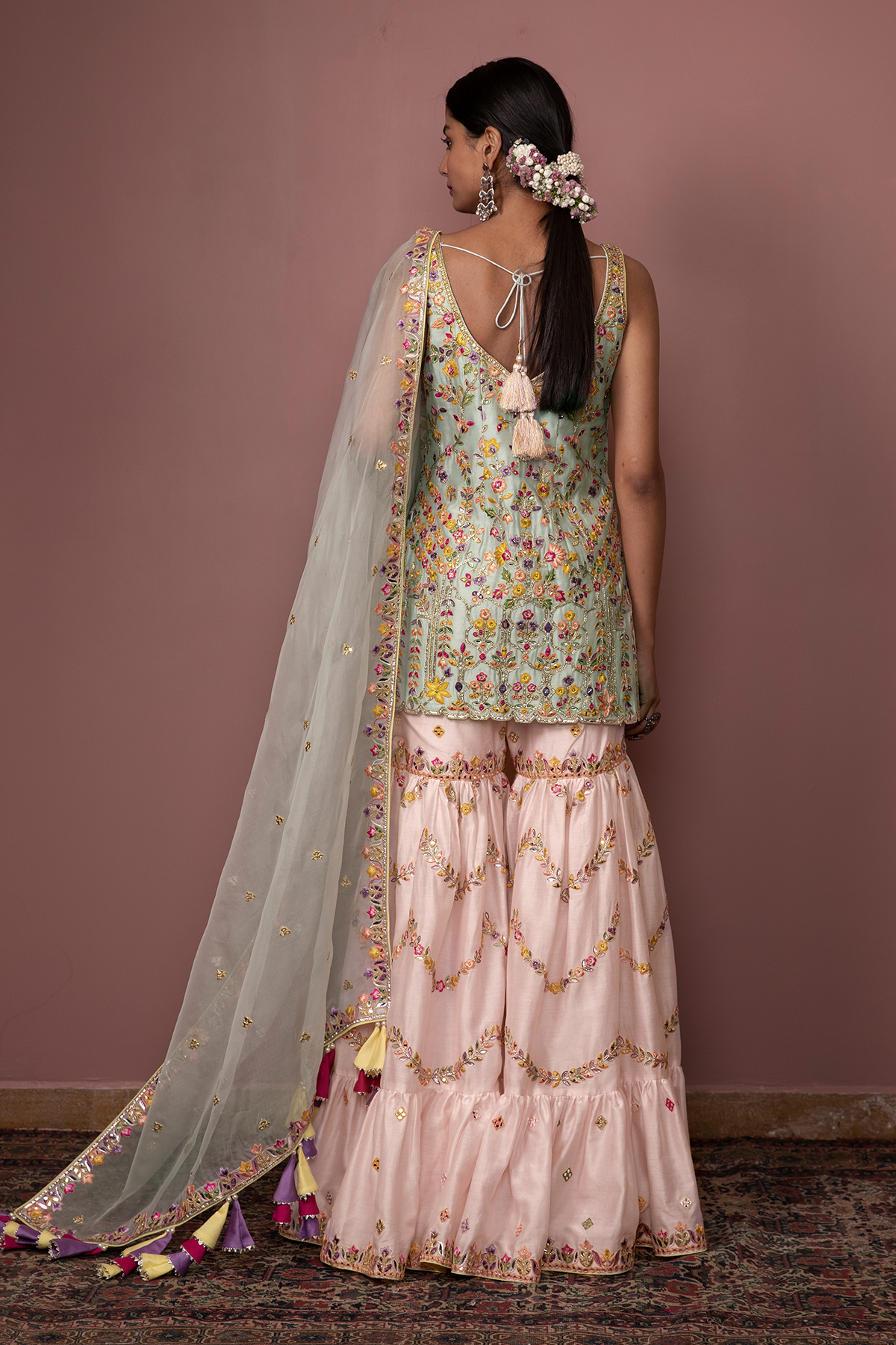 BLUSH PINK CHANDERI LEHENGA WITH FOIL, RESHAM EMBROIDERY - The Grand Trunk