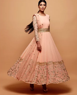 Astha Narang Pink Anarkali Suit With Gold Border - The Grand Trunk