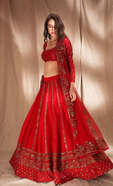 Astha Narang Red Zari Raw Silk Lehenga - The Grand Trunk