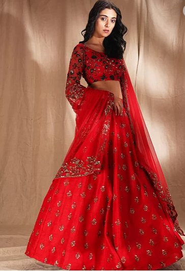Astha Narang Red Raw Silk motif Lehenga - The Grand Trunk
