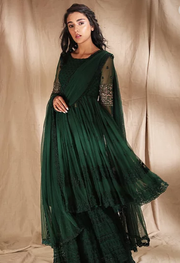 Astha Narang Emerald Green Threadwork With Jacket - The Grand Trunk
