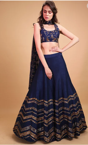 Astha Narang Dark Blue Geometrical Zari Lehenga - The Grand Trunk