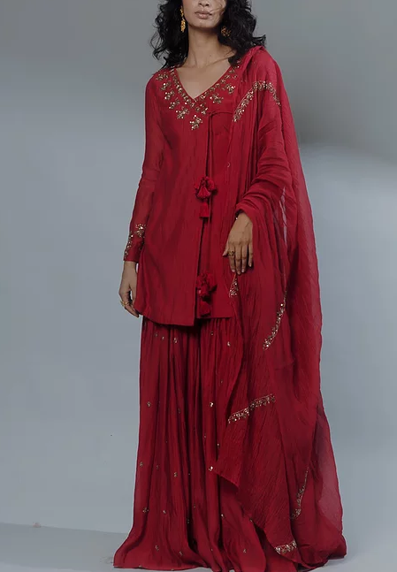 Astha Narang Red Embroidered Angrakha Set - The Grand Trunk